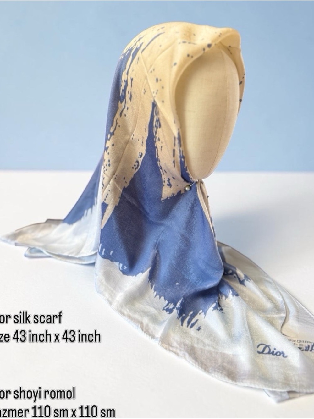 Silk Blend Hijab Scarf in Blue and Cream